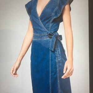 White House Black Market Size 8 Faux Wrap Ruffle Blue Denim Dress